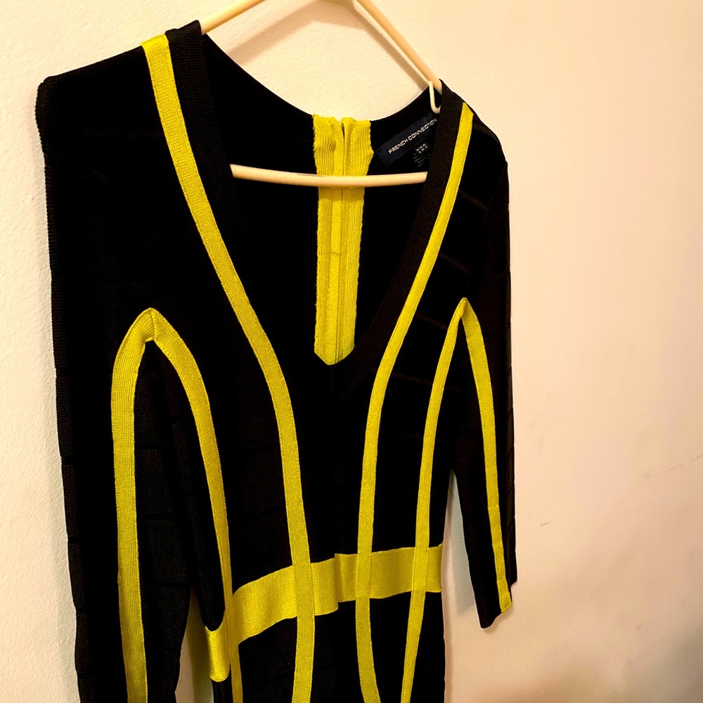 French Connection black and yellow bodycon dress.
